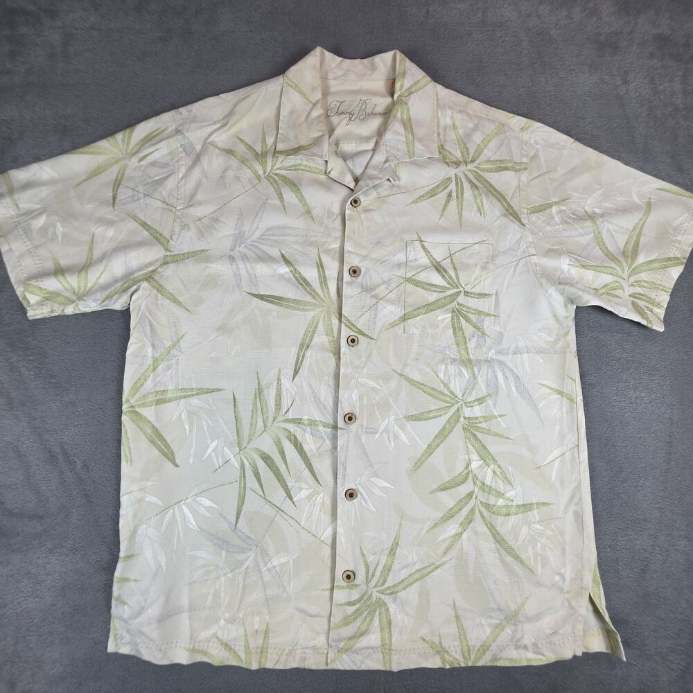 Tommy Bahama 100% Silk Shirt Mens L Hawaiian Bamboo Leaf Camp Casual Button Fron